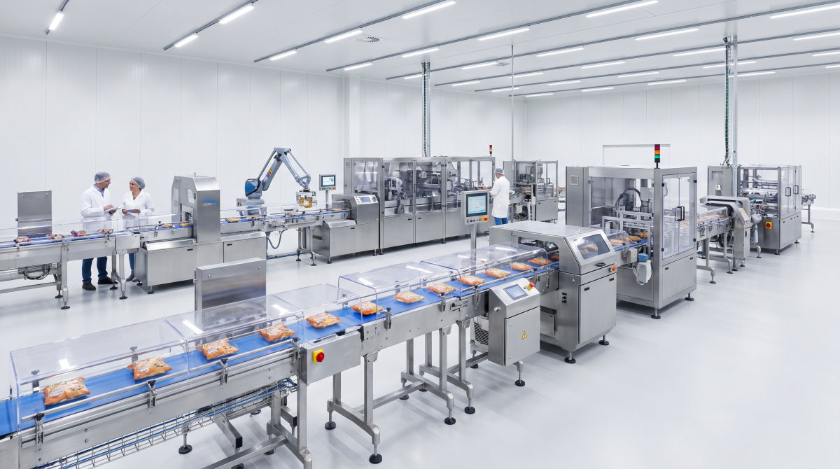 źródło: bizerba.com, Nowoczesna linia automatycznego pakowania żywności w zakładzie produkcyjnym – maszyny pakujące, taśmociągi i systemy kontroli jakości w jednym ujęciu